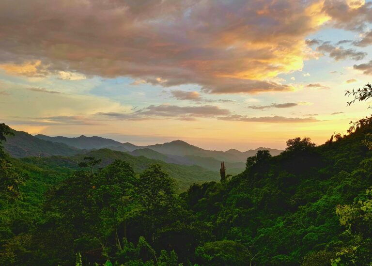 Reliefs verdoyants de Colombie au coucher du soleil