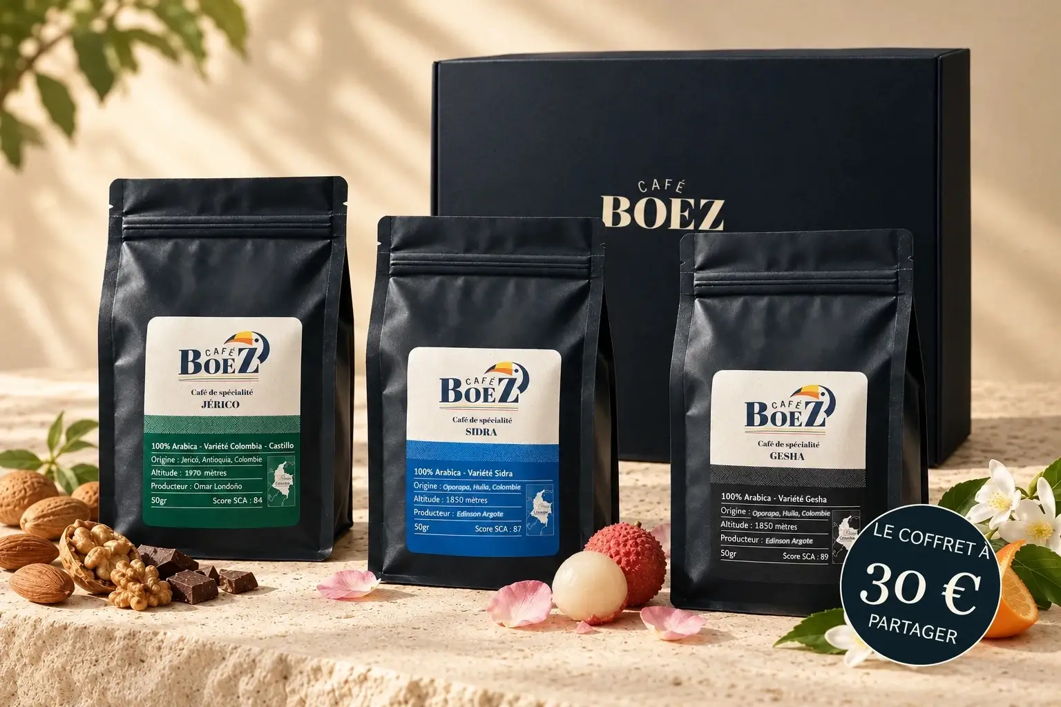 Le coffret cadeau Boez et ses trois cafés Jericó, Sidra et Gesha