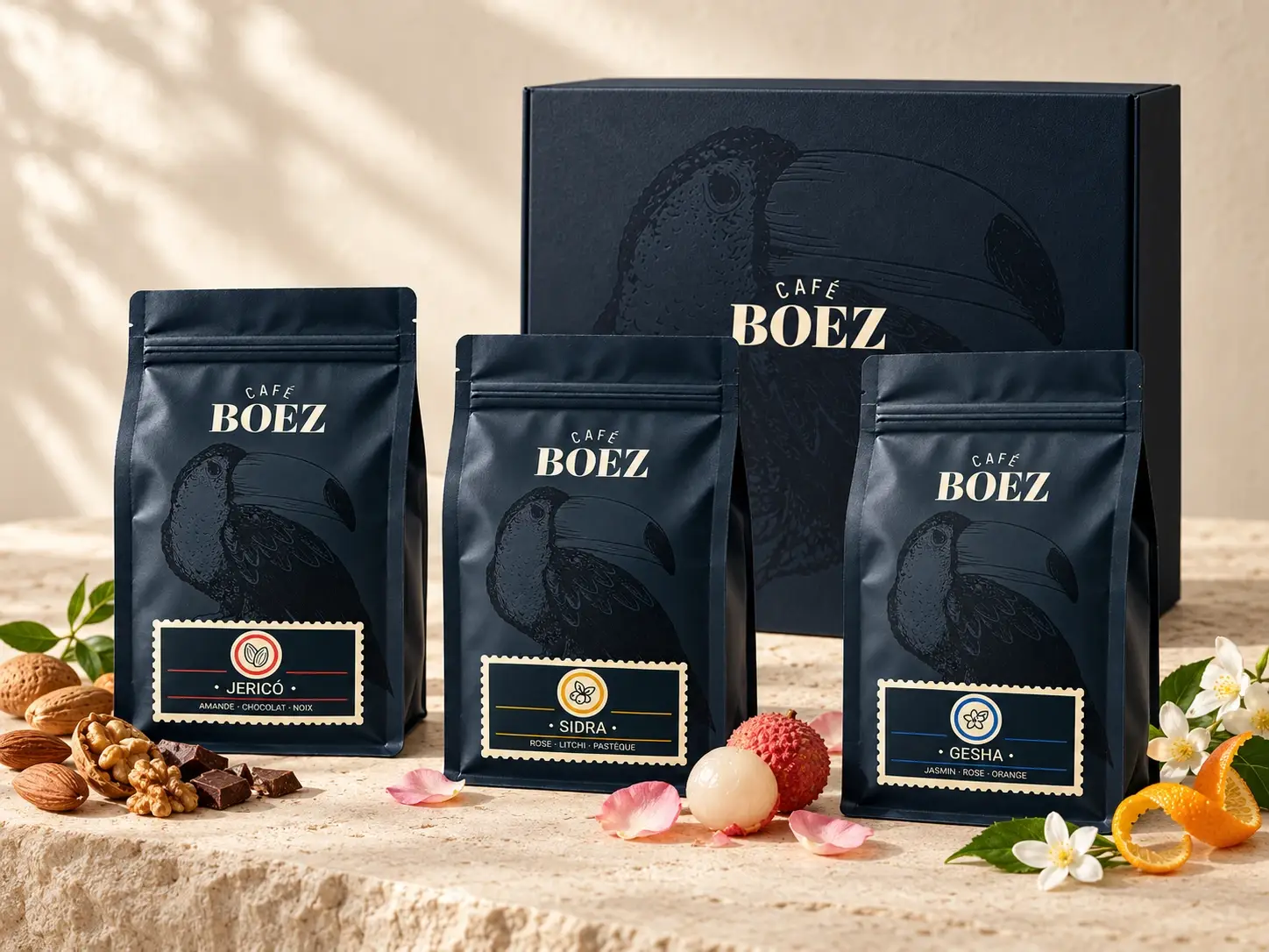 Le coffret cadeau Boez et ses trois cafés Jericó, Sidra et Gesha